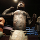 Three large royal statues of the Kingdom of Dahomey are displayed at the Quai Branly Museum in Paris, France